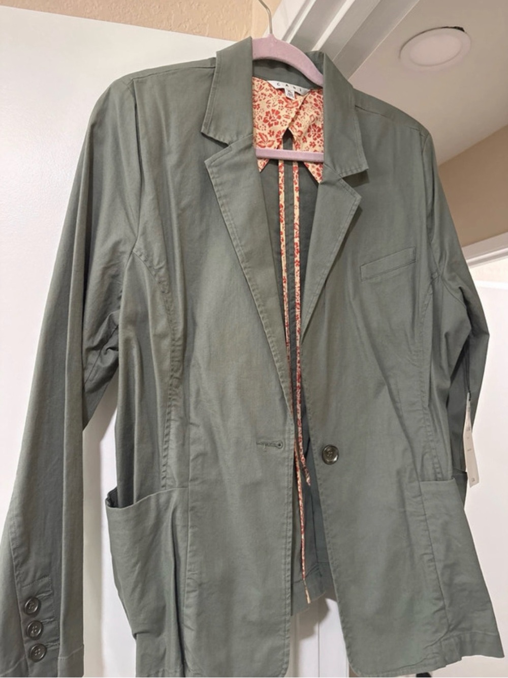 CAbi Olive Lightweight Shirt Jacket with Floral Trim